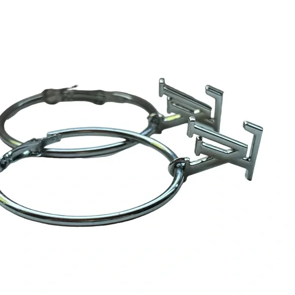 Upcycled Silver LV Louis Vuitton Stamped Charm 30mm Hoop Earrings - Picture 5 of 12